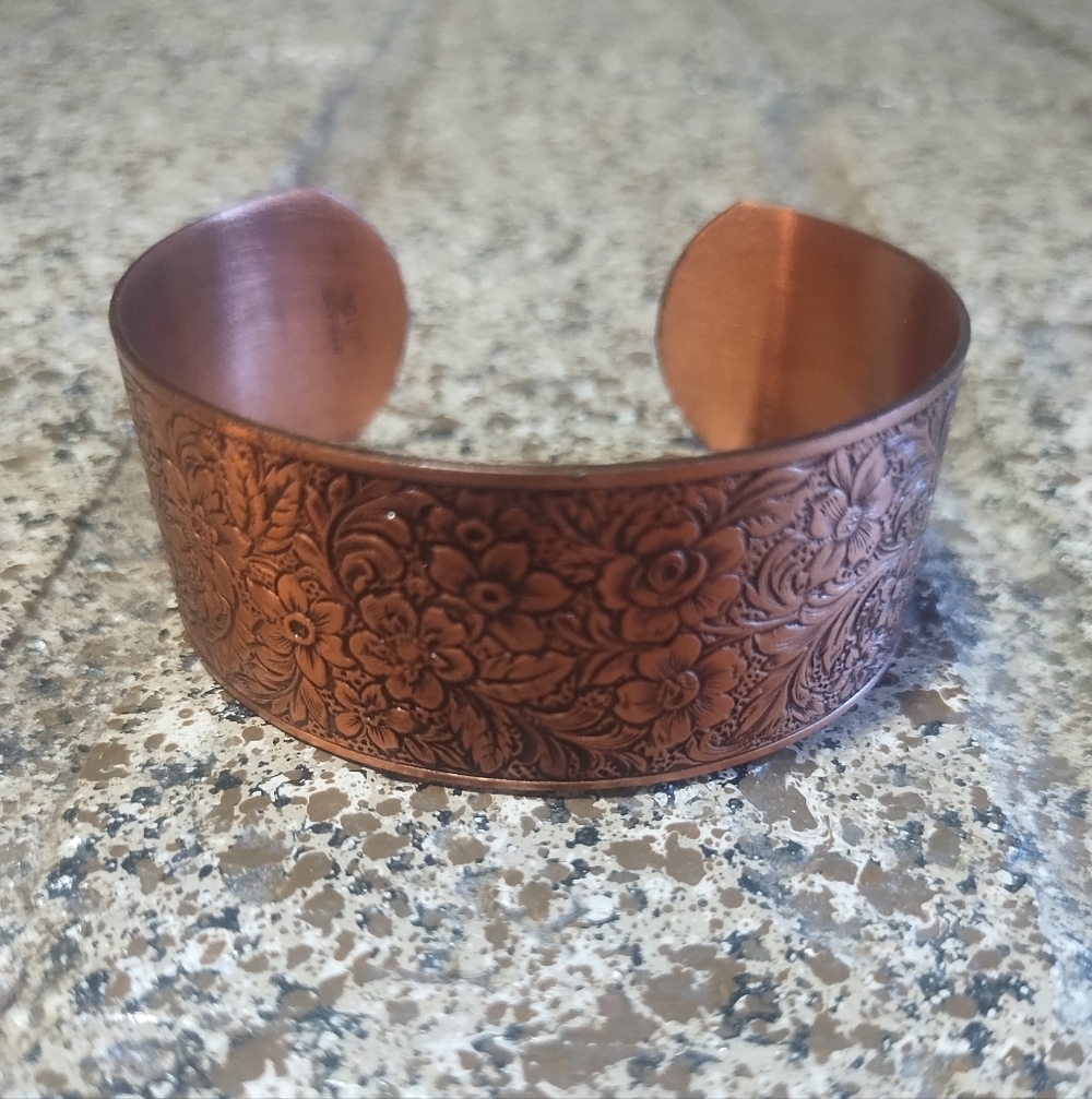 Vintage Solid Copper Bracelet Embossed Floral Adjustable Cuff Bracelet